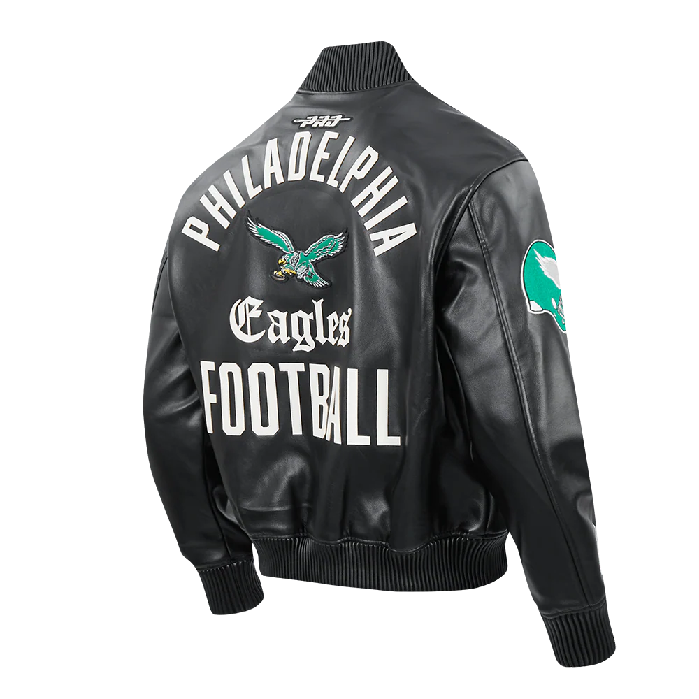 NFL PHILADELPHIA EAGLES MODERN ORIGINALS MEN'S LEATHER VARSITY JACKET (JET BLACK) - Image 4