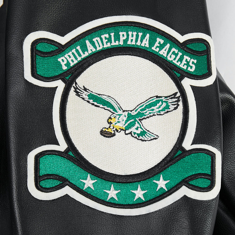 NFL PHILADELPHIA EAGLES MODERN ORIGINALS MEN'S LEATHER VARSITY JACKET (JET BLACK) - Image 5