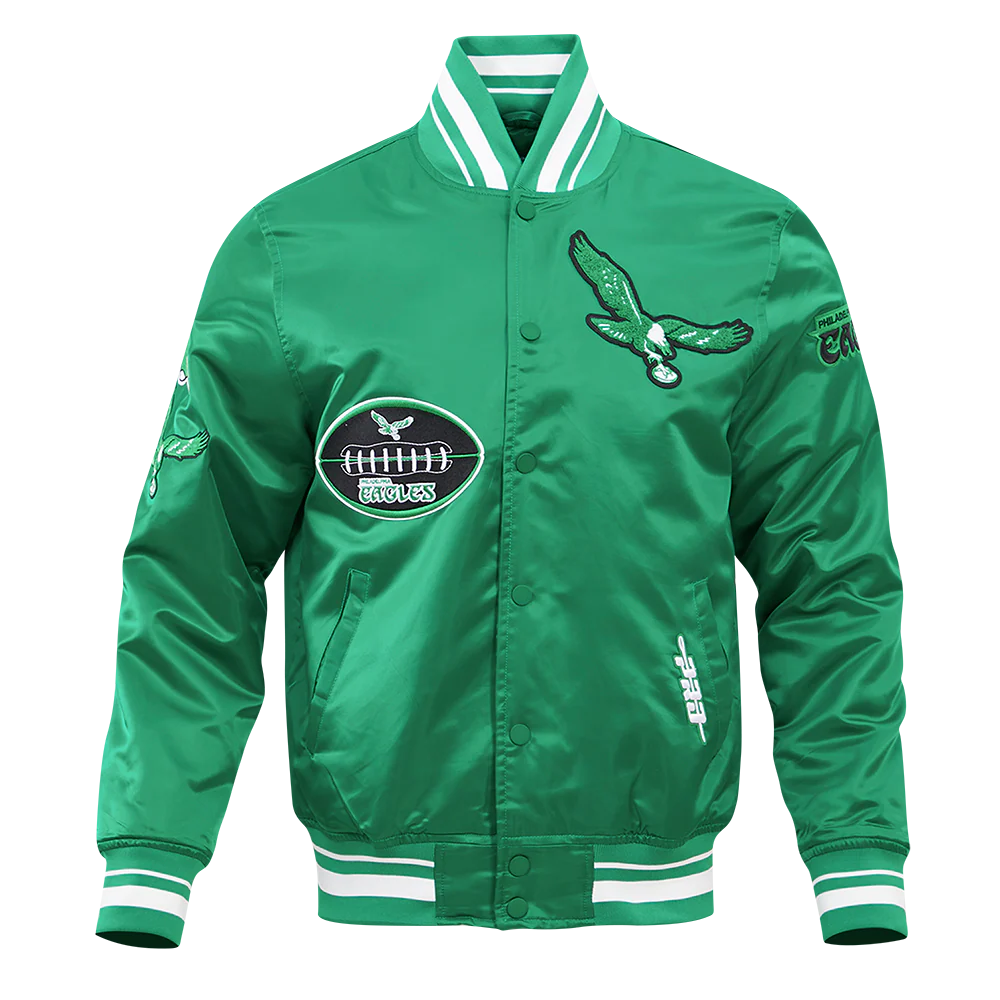 NFL PHILADELPHIA EAGLES VINTAGE OLD ENGLISH MEN'S RIB SATIN JACKET (KELLY GREEN)