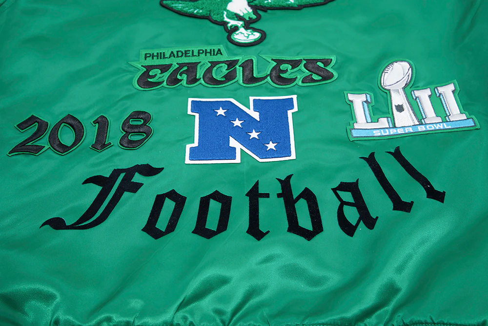 NFL PHILADELPHIA EAGLES VINTAGE OLD ENGLISH MEN'S RIB SATIN JACKET (KELLY GREEN) - Image 11