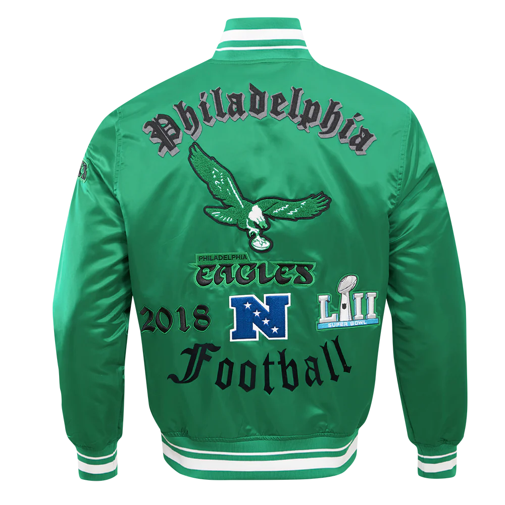 NFL PHILADELPHIA EAGLES VINTAGE OLD ENGLISH MEN'S RIB SATIN JACKET (KELLY GREEN) - Image 3
