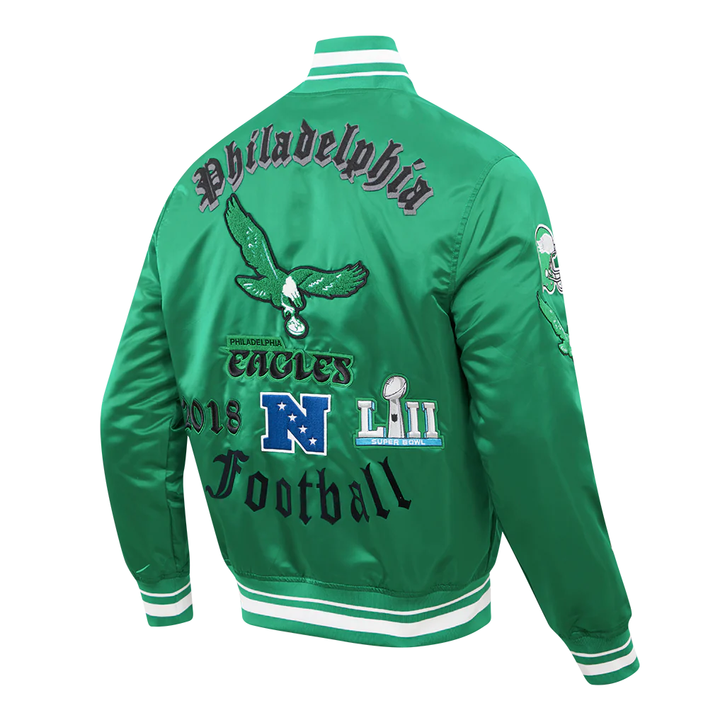 NFL PHILADELPHIA EAGLES VINTAGE OLD ENGLISH MEN'S RIB SATIN JACKET (KELLY GREEN) - Image 4