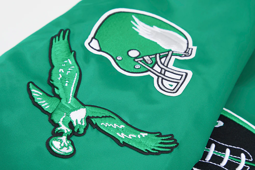NFL PHILADELPHIA EAGLES VINTAGE OLD ENGLISH MEN'S RIB SATIN JACKET (KELLY GREEN) - Image 8