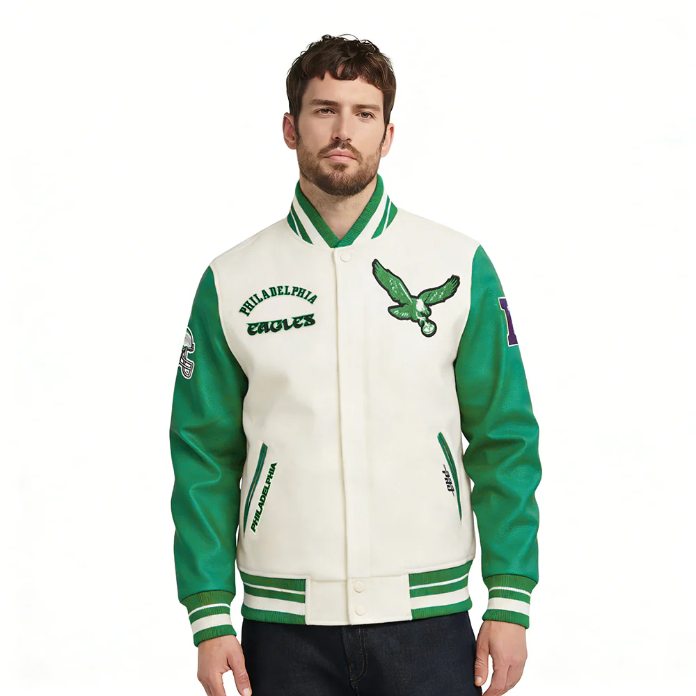 NFL PHILADELPHIA EAGLES RETRO CLASSIC MEN'S RIB WOOL VARSITY JACKET (EGGSHELL/ KELLY GREEN)