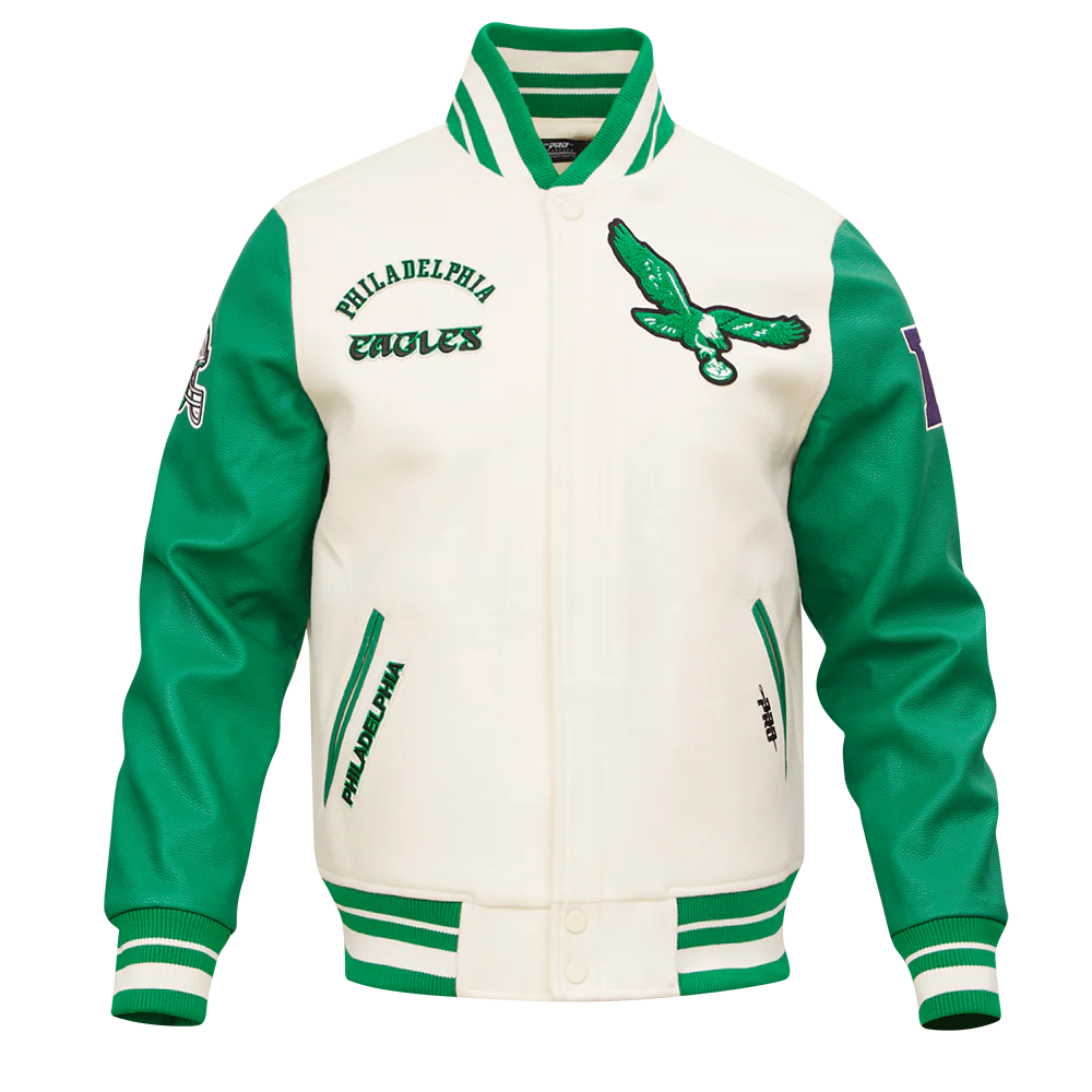 NFL PHILADELPHIA EAGLES RETRO CLASSIC MEN'S RIB WOOL VARSITY JACKET (EGGSHELL/ KELLY GREEN) - Image 5