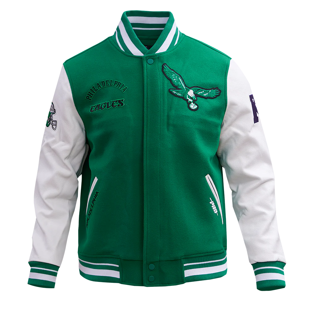 NFL PHILADELPHIA EAGLES RETRO CLASSIC MEN'S RIB WOOL VARSITY JACKET (KELLY GREEN/ WHITE) - Image 5
