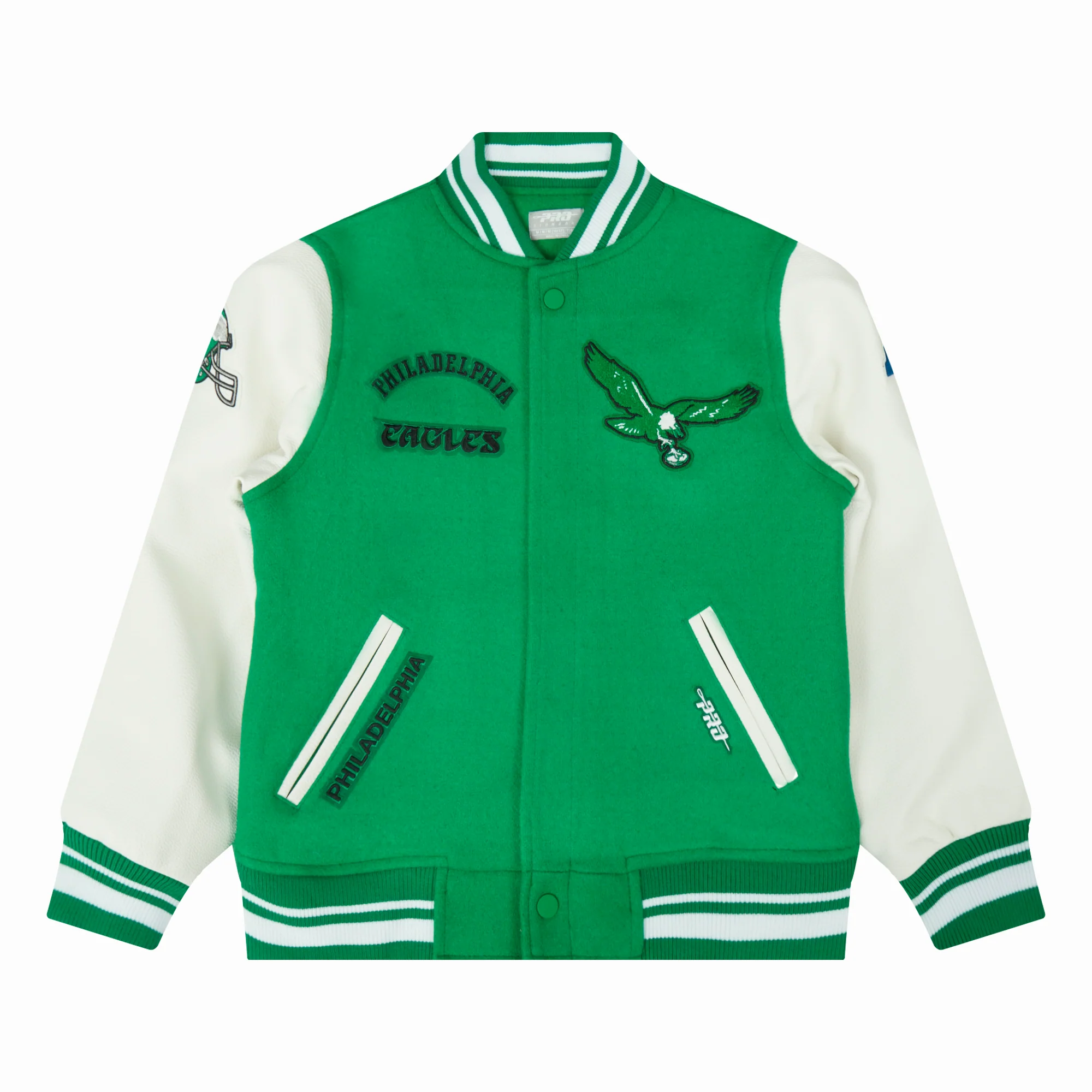 NFL PHILADELPHIA EAGLES RETRO CLASSIC BIG BOYS RIB WOOL VARSITY JACKET (KELLY GREEN/ WHITE)
