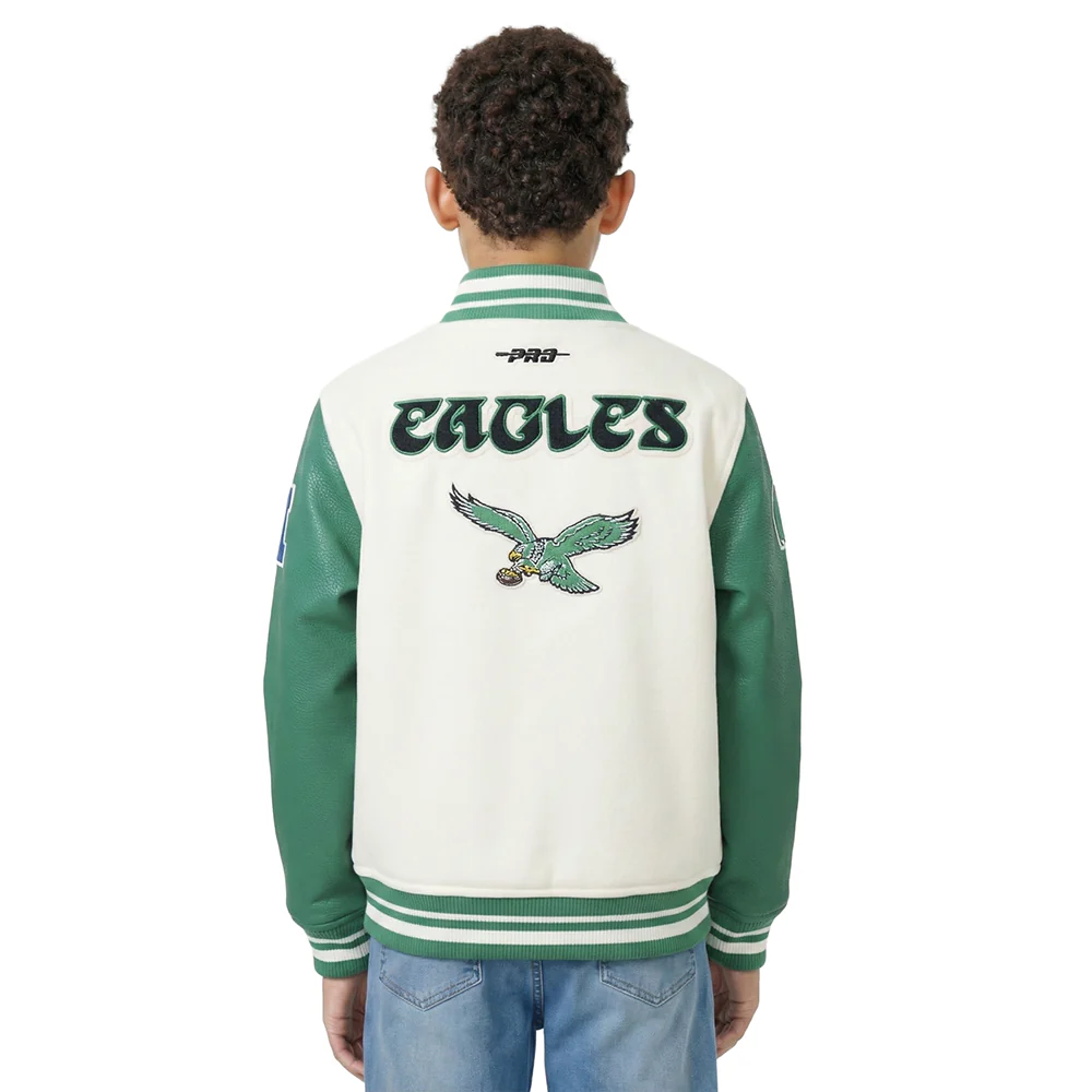 NFL PHILADELPHIA EAGLES RETRO CLASSICS BIG BOY'S RIB WOOL VARSITY JACKE (EGGSHELL/ KELLY GREEN) - Image 2