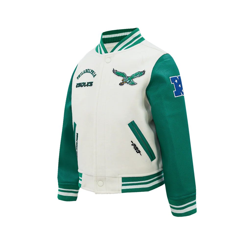 NFL PHILADELPHIA EAGLES RETRO CLASSICS BIG BOY'S RIB WOOL VARSITY JACKE (EGGSHELL/ KELLY GREEN) - Image 3