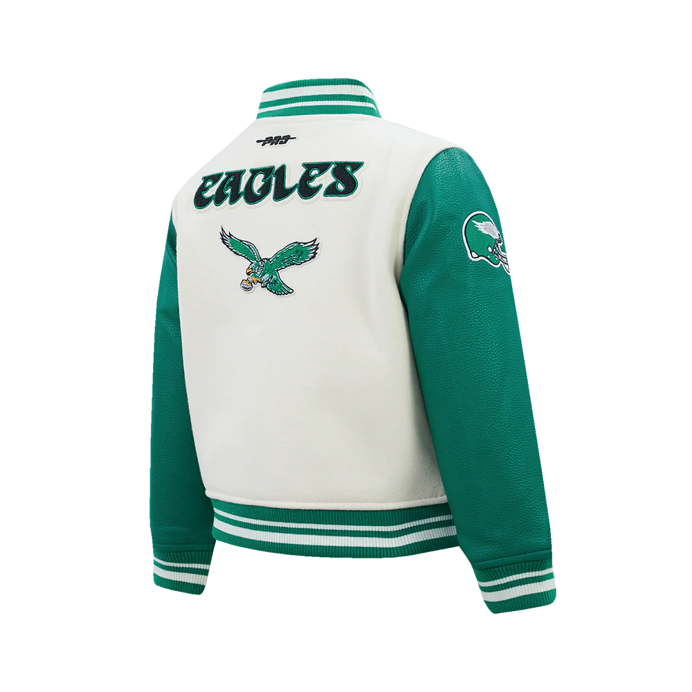 NFL PHILADELPHIA EAGLES RETRO CLASSICS BIG BOY'S RIB WOOL VARSITY JACKE (EGGSHELL/ KELLY GREEN) - Image 4