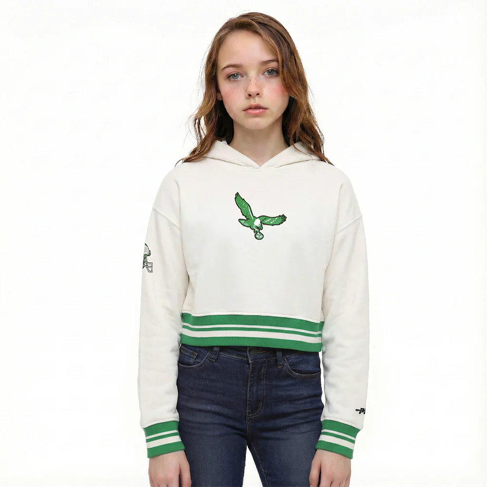NFL PHILADELPHIA EAGLES RETRO CLASSIC BIG GIRL'S RIB FLC PO HOODIE (EGGSHELL/ KELLY GREEN)