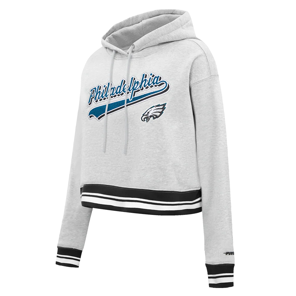 NFL PHILADELPHIA EAGLES SCRIPT TAIL WOMEN'S  RIB FLEECE CROPPED PULLOVER HOODIE (HEATHER GRAY/BLACK) - Image 2