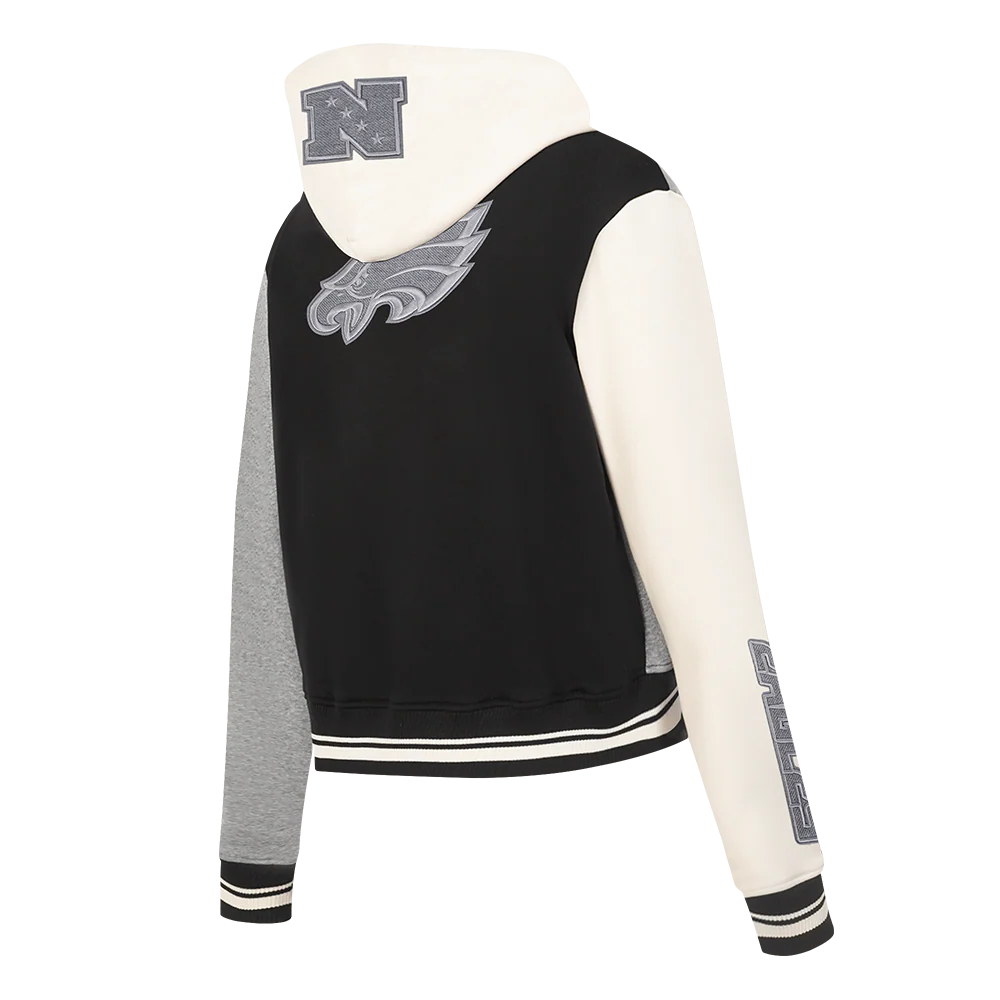 NFL PHILADELPHIA EAGLES REVERSE FRENCH TERRY WOMEN'S COLOR BLOCK FLEECE FULL ZIP (BLACK/GRAY/EGGSHELL) - Image 4