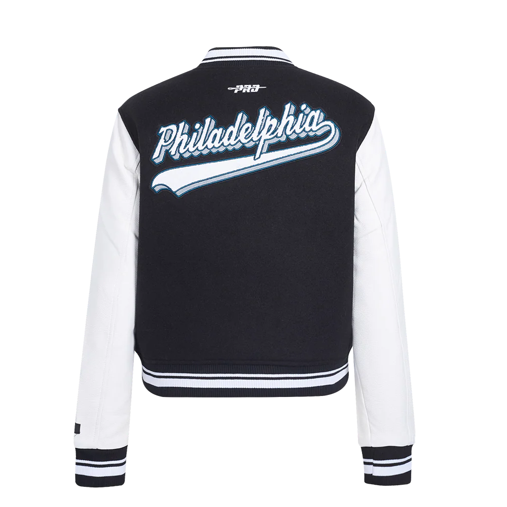 NFL PHILADELPHIA EAGLES SCRIPT TAIL WOMEN'S WOOL VARSITY JACKET (BLACK/WHITE) - Image 3