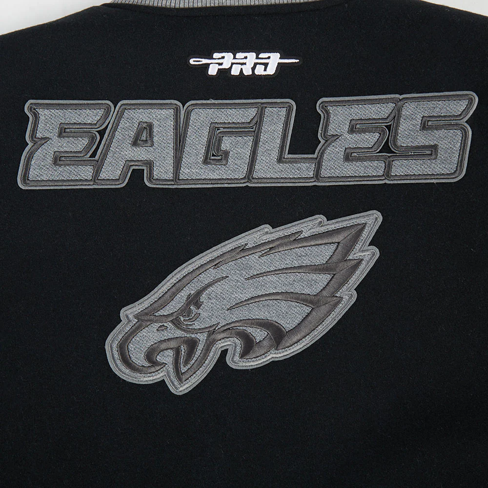 NFL PHILADELPHIA EAGLES REVERSE FRENCH TERRY WOMEN'S WOOL VARSITY JACK (BLACK/GRAY/EGGSHELL) - Image 8