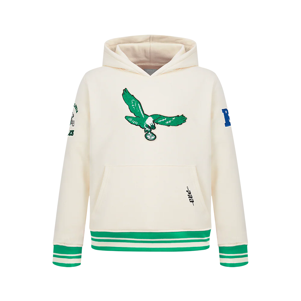 NFL PHILADELPHIA EAGLES RETRO CLASSIC LITTLE BOYS RIB FLEECE PULLOVER HOODIE (EGGSHELL/ KELLY GREEN)