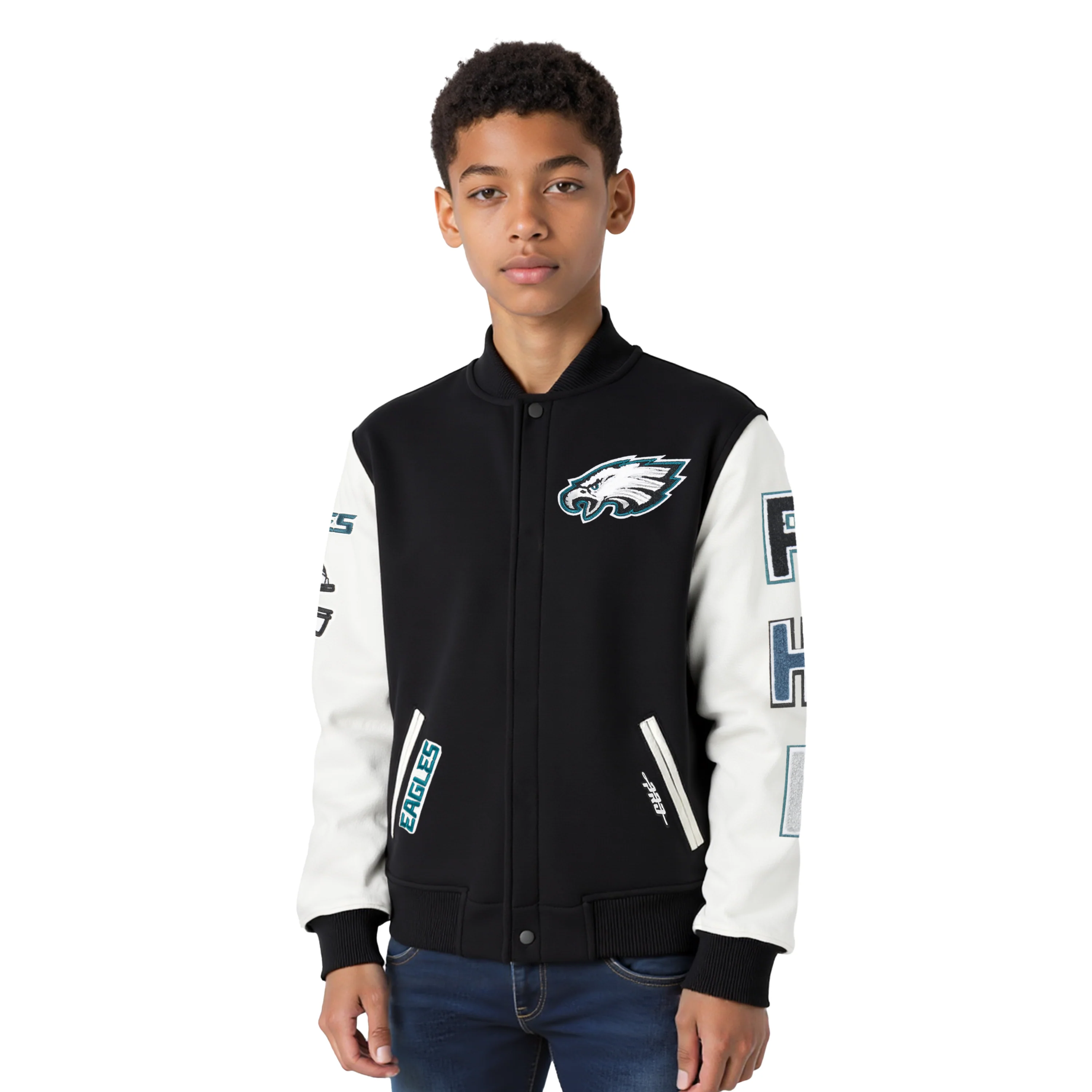 NFL PHILADELPHIA EAGLES CLASSIC LITTLE BOYS WOOL VARSITY JACKET (BLACK/WHITE)