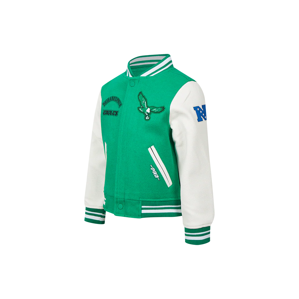 NFL PHILADELPHIA EAGLES RETRO CLASSIC LITTLE BOYS RIB WOOL VARSITY JACKET (KELLY GREEN/ WHITE) - Image 2