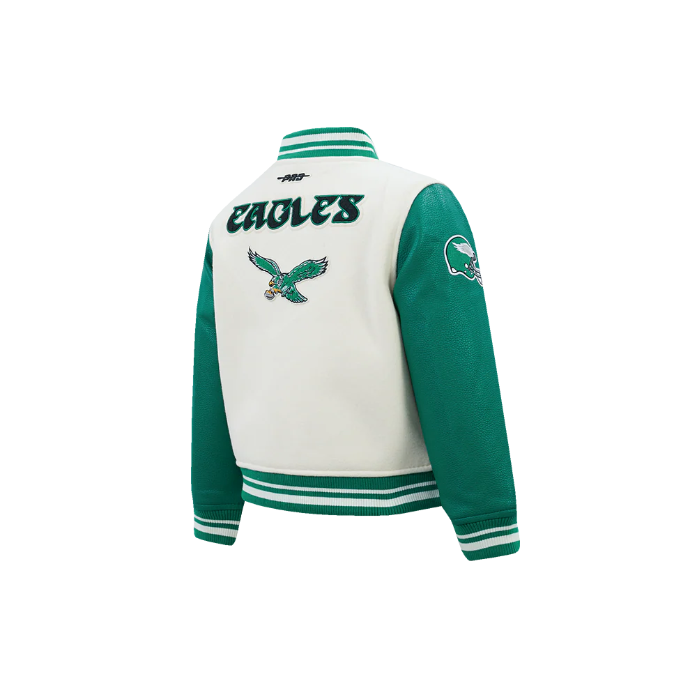 NFL PHILADELPHIA EAGLES RETRO CLASSICS LITTLE BOY'S RIB WOOL VARSITY JACKE (EGGSHELL/ KELLY GREEN) - Image 4