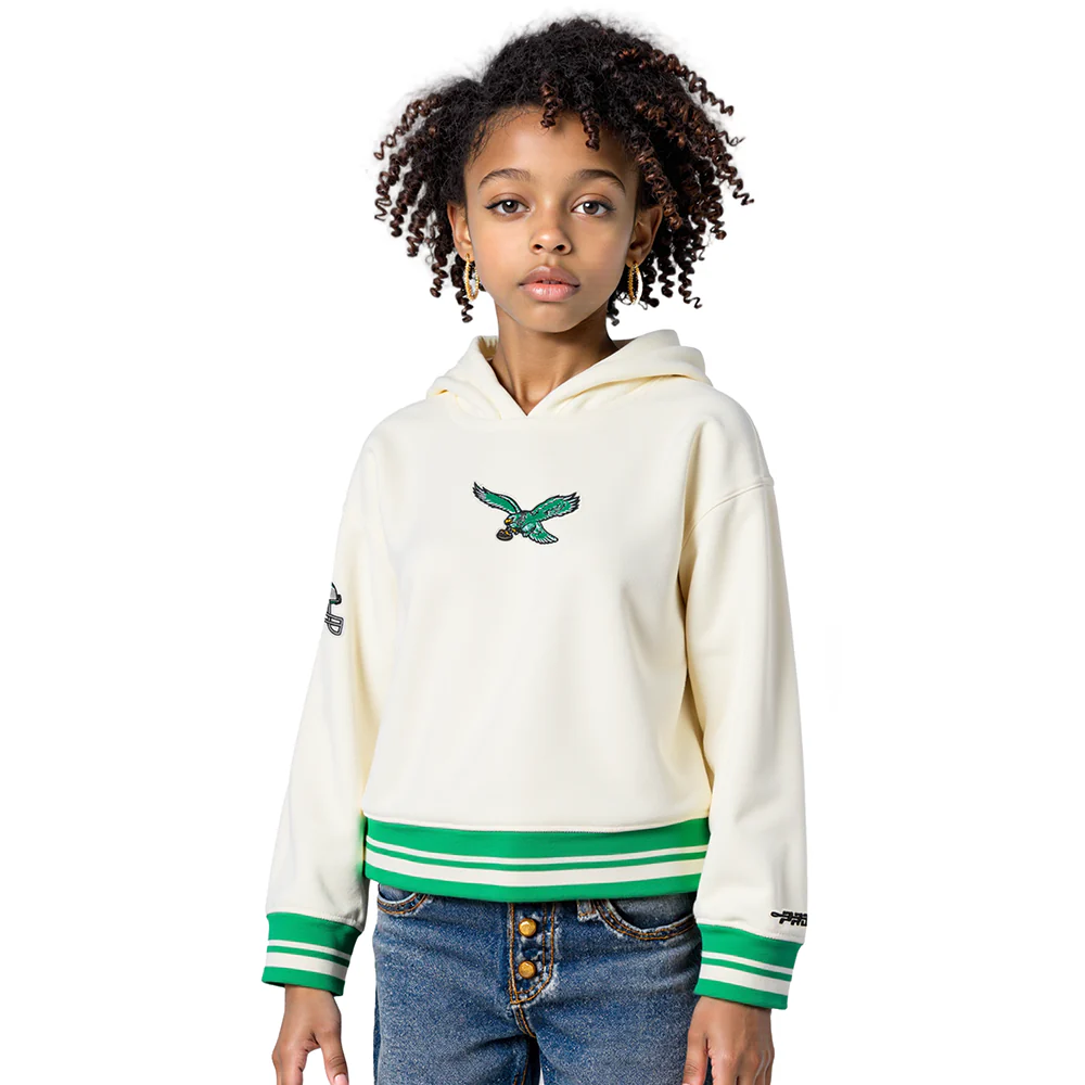 NFL PHILADELPHIA EAGLES RETRO CLASSIC LITTLE GIRL'S RIB FLC PO HOODIE (EGGSHELL/ KELLY GREEN)