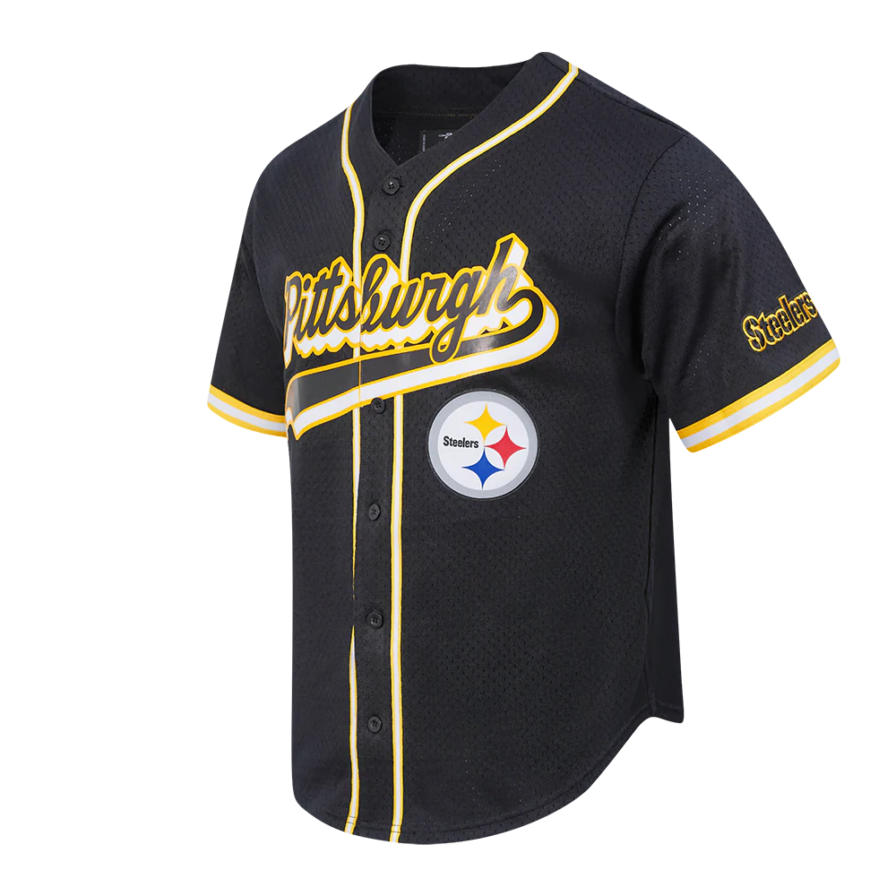 NFL PITTSBURGH STEELERS SCRIPT TAIL MEN'S MESH BUTTON DOWN SHIRT (BLACK/YELLOW) - Image 2