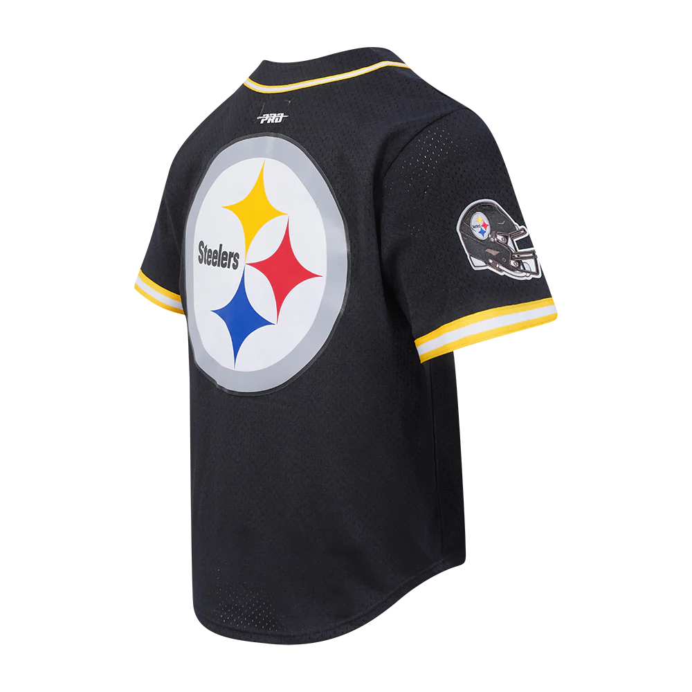 NFL PITTSBURGH STEELERS SCRIPT TAIL MEN'S MESH BUTTON DOWN SHIRT (BLACK/YELLOW) - Image 4