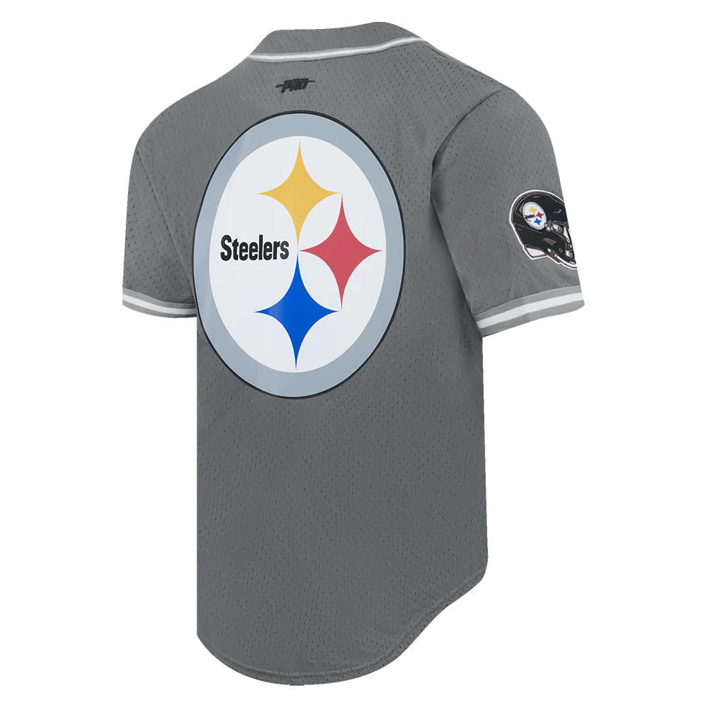 NFL PITTSBURGH STEELERS SCRIPT TAIL MEN'S MESH BUTTON DOWN SHIRT (GRAY) - Image 4