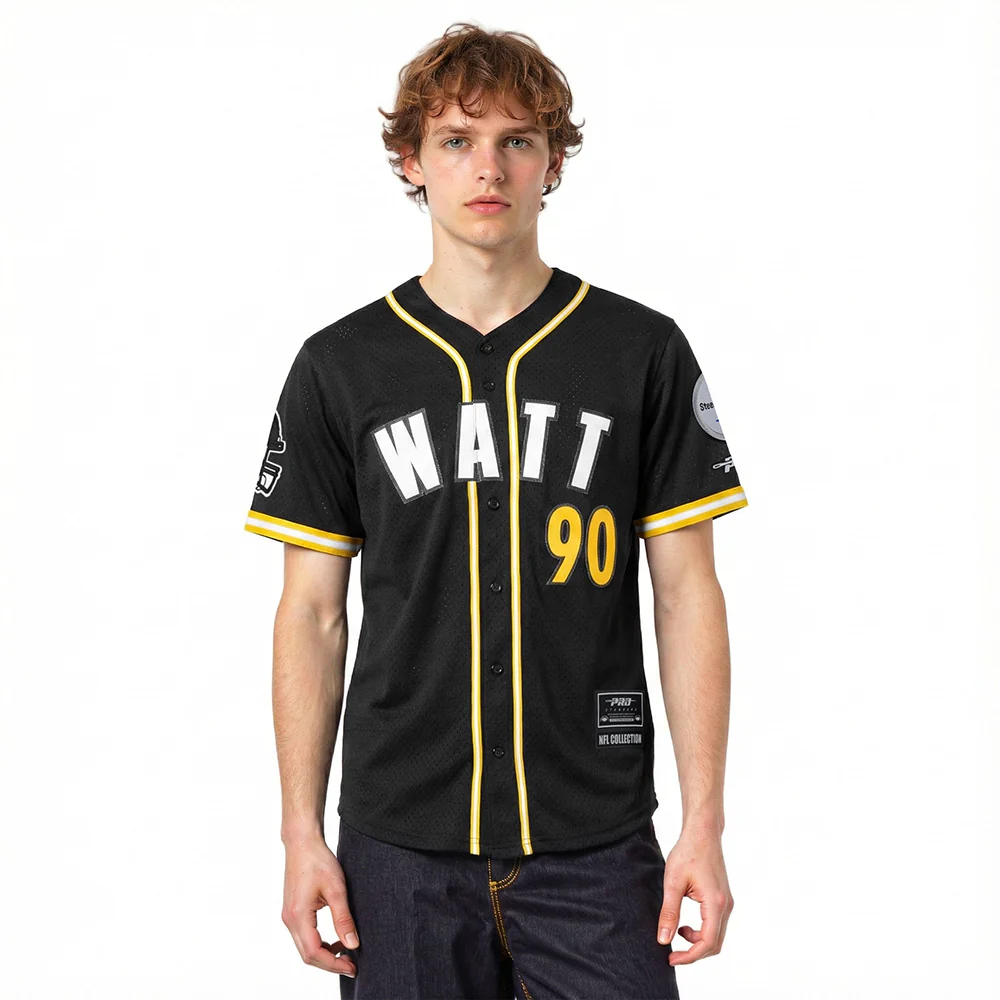 NFL PITTSBURGH STEELERS T.J. WATT #90 CLASSIC MESH PNN MEN'S MESH BUTTON DOWN SHIRT (BLACK/YELLOW)