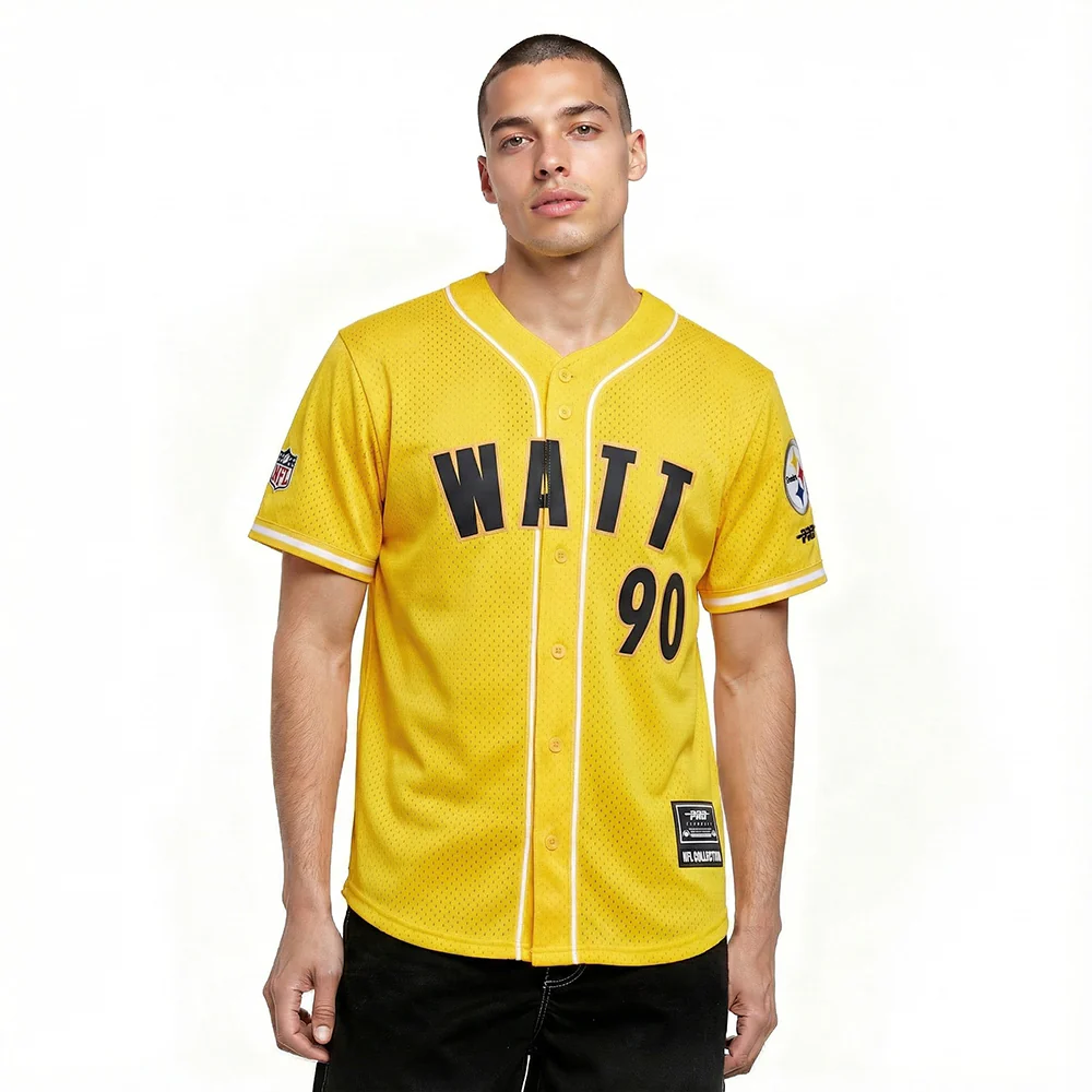 NFL PITTSBURGH STEELERS T.J. WATT #90 CLASSIC MESH PNN MEN'S MESH BUTTON DOWN SHIRT (Yellow)