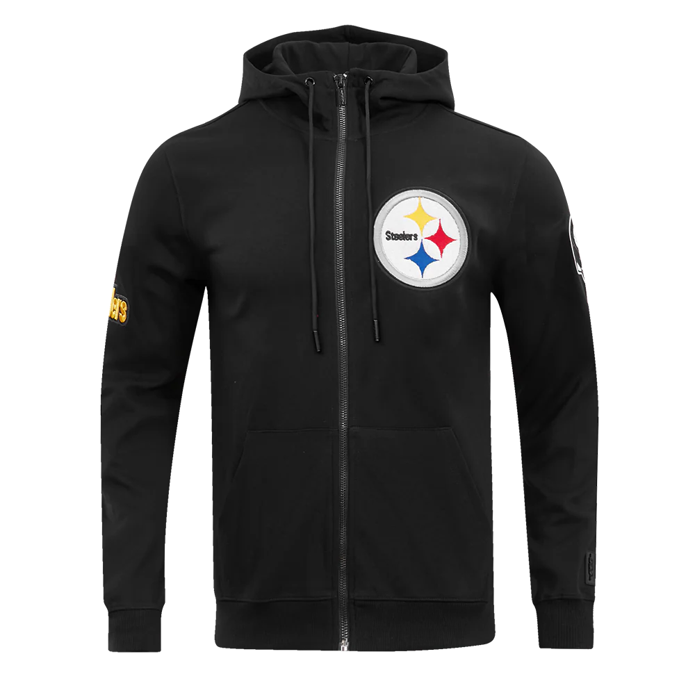 NFL PITTSBURGH STEELERS CLASSIC CHENILLE MEN'S DOUBLE KNIT FULL ZIP HOODIE (BLACK)