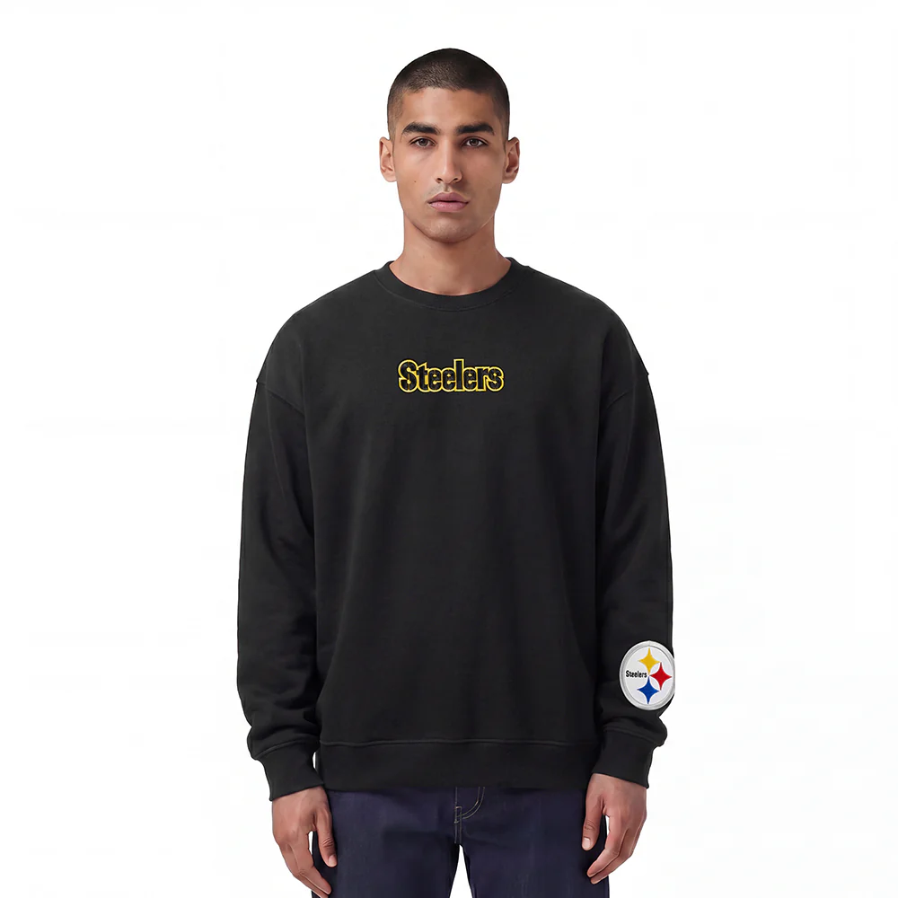 NFL PITTSBURGH STEELERS WINGSPAN MEN'S DROP SHOULDER FLEECE CREWNECK (BLACK) - Image 2