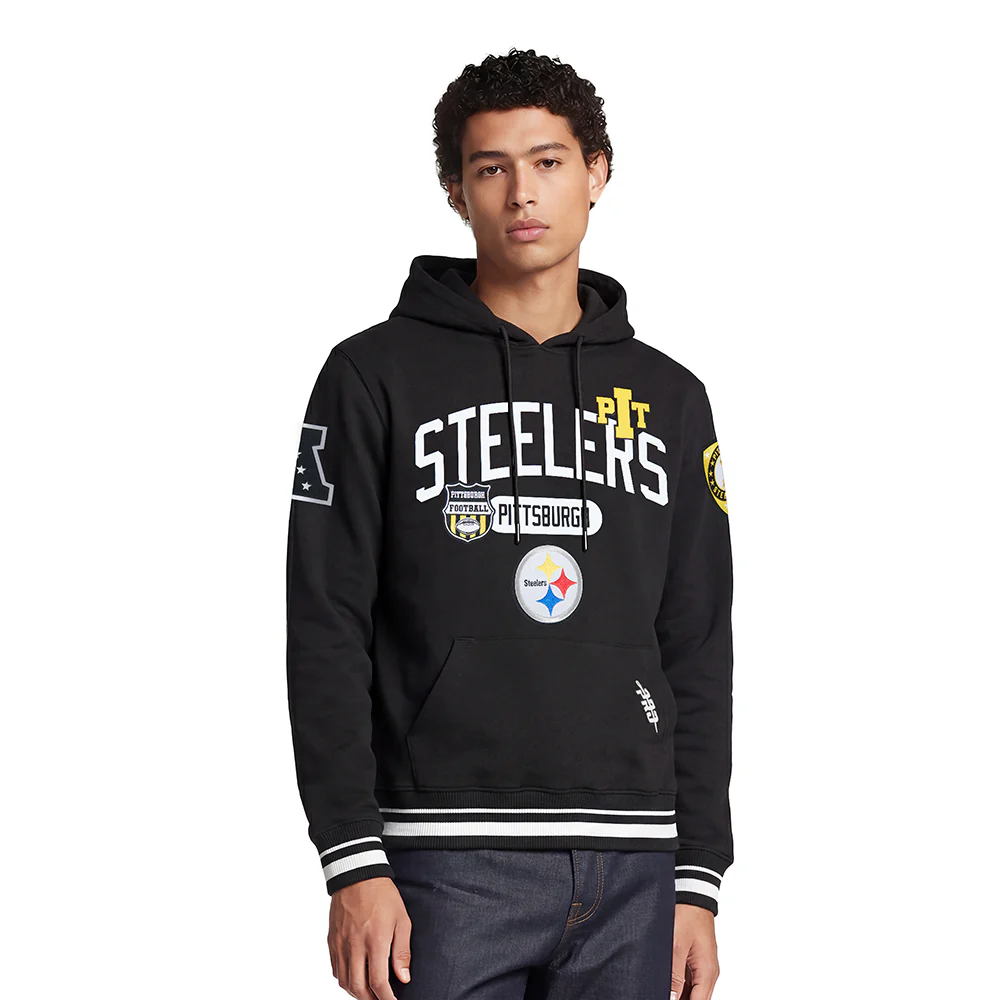 NFL PITTSBURGH STEELERS LETTERMAN MEN'S PULL OVER HOODIE (BLACK)