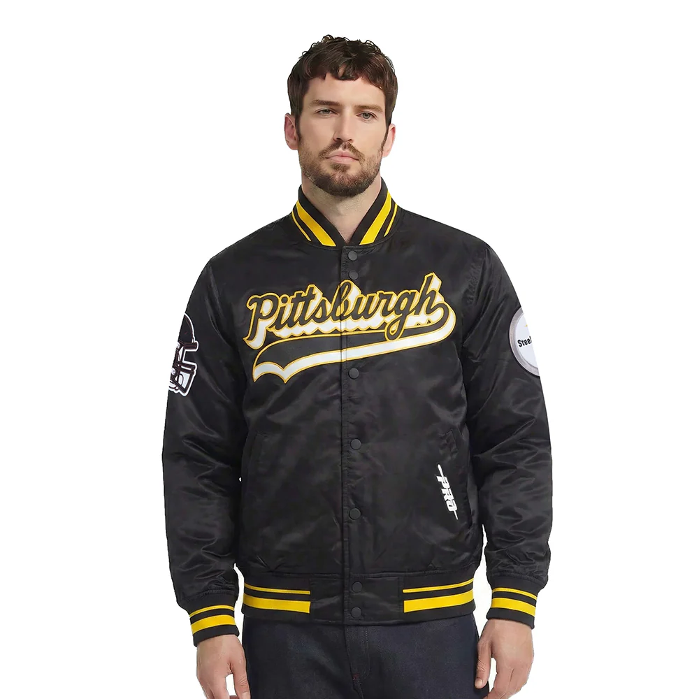NFL PITTSBURGH STEELERS SCRIPT TAIL MEN'S SATIN JACKET (BLACK/YELLOW)