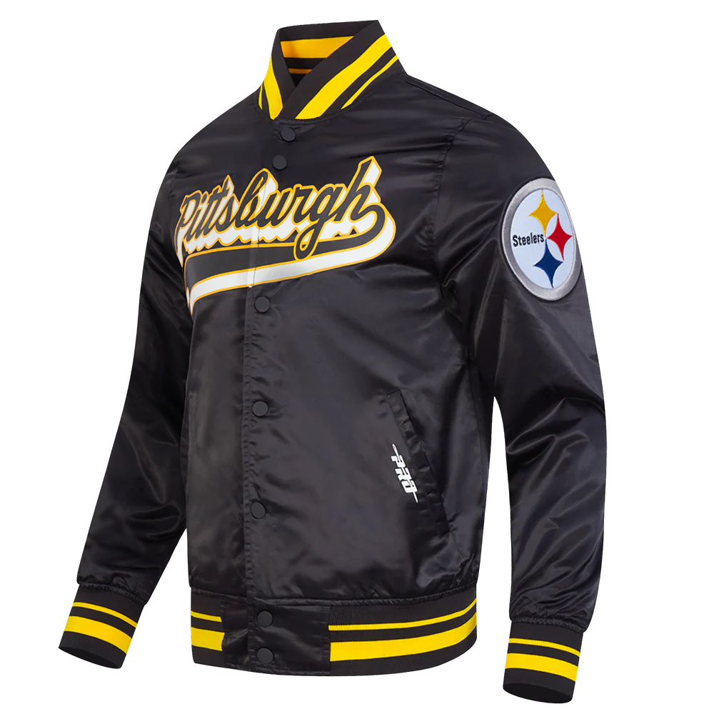 NFL PITTSBURGH STEELERS SCRIPT TAIL MEN'S SATIN JACKET (BLACK/YELLOW) - Image 4