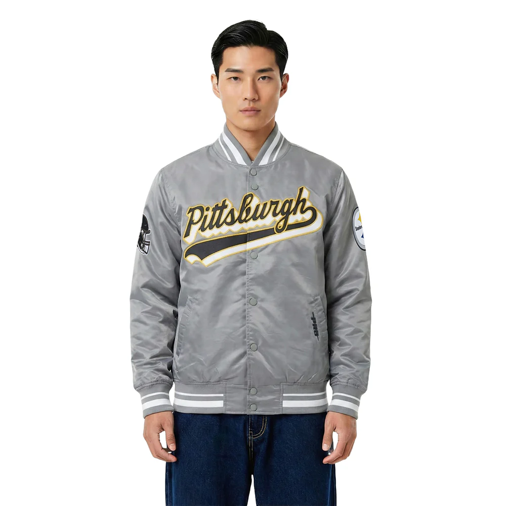 NFL PITTSBURGH STEELERS SCRIPT TAIL MEN'S SATIN JACKET (GRAY)