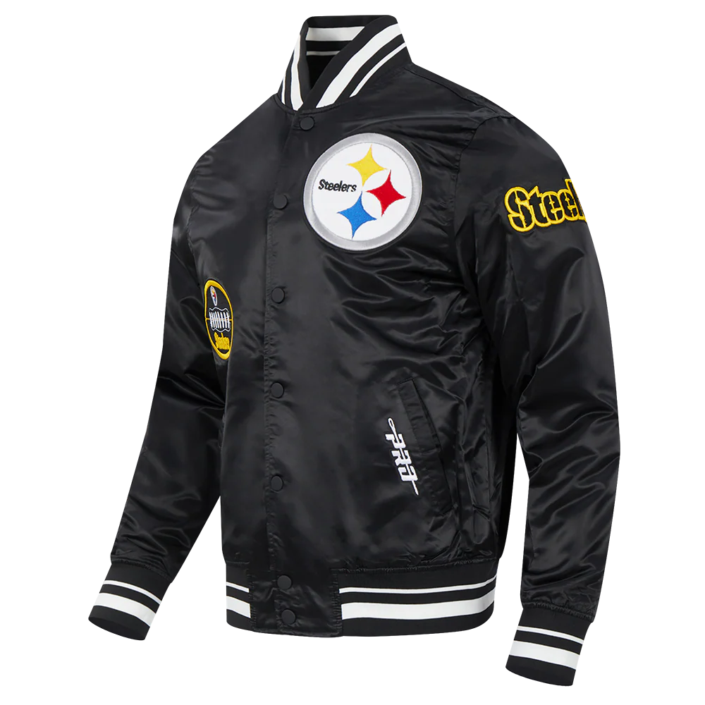 NFL PITTSBURGH STEELERS OLD ENGLISH MEN'S RIB SATIN JACKET (BLACK) - Image 2