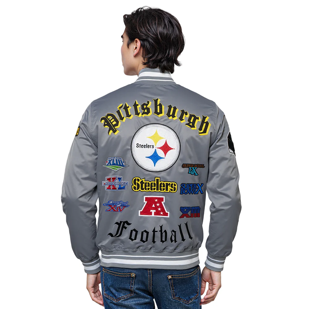NFL PITTSBURGH STEELERS OLD ENGLISH MEN'S RIB SATIN JACKET (GRAY) - Image 2