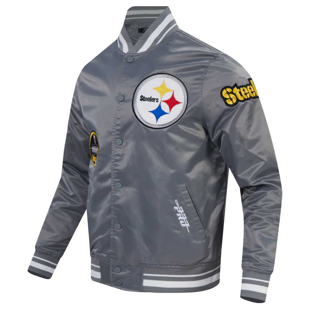 NFL PITTSBURGH STEELERS OLD ENGLISH MEN'S RIB SATIN JACKET (GRAY) - Image 3