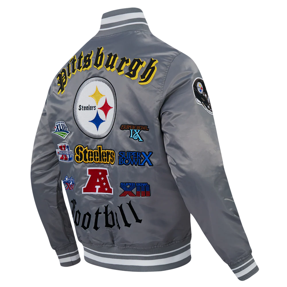 NFL PITTSBURGH STEELERS OLD ENGLISH MEN'S RIB SATIN JACKET (GRAY) - Image 4