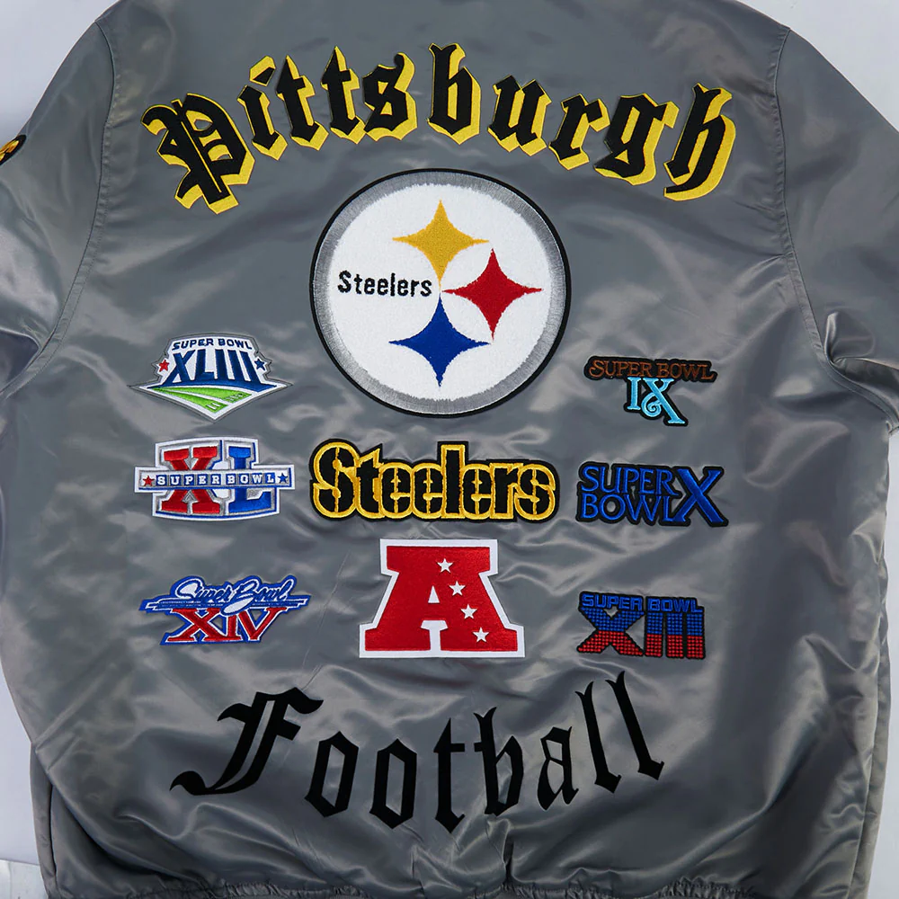 NFL PITTSBURGH STEELERS OLD ENGLISH MEN'S RIB SATIN JACKET (GRAY) - Image 5