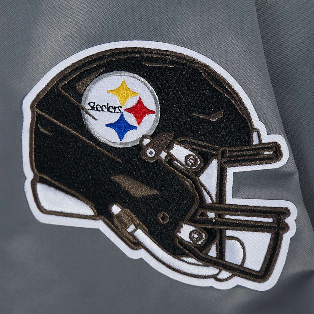NFL PITTSBURGH STEELERS OLD ENGLISH MEN'S RIB SATIN JACKET (GRAY) - Image 6