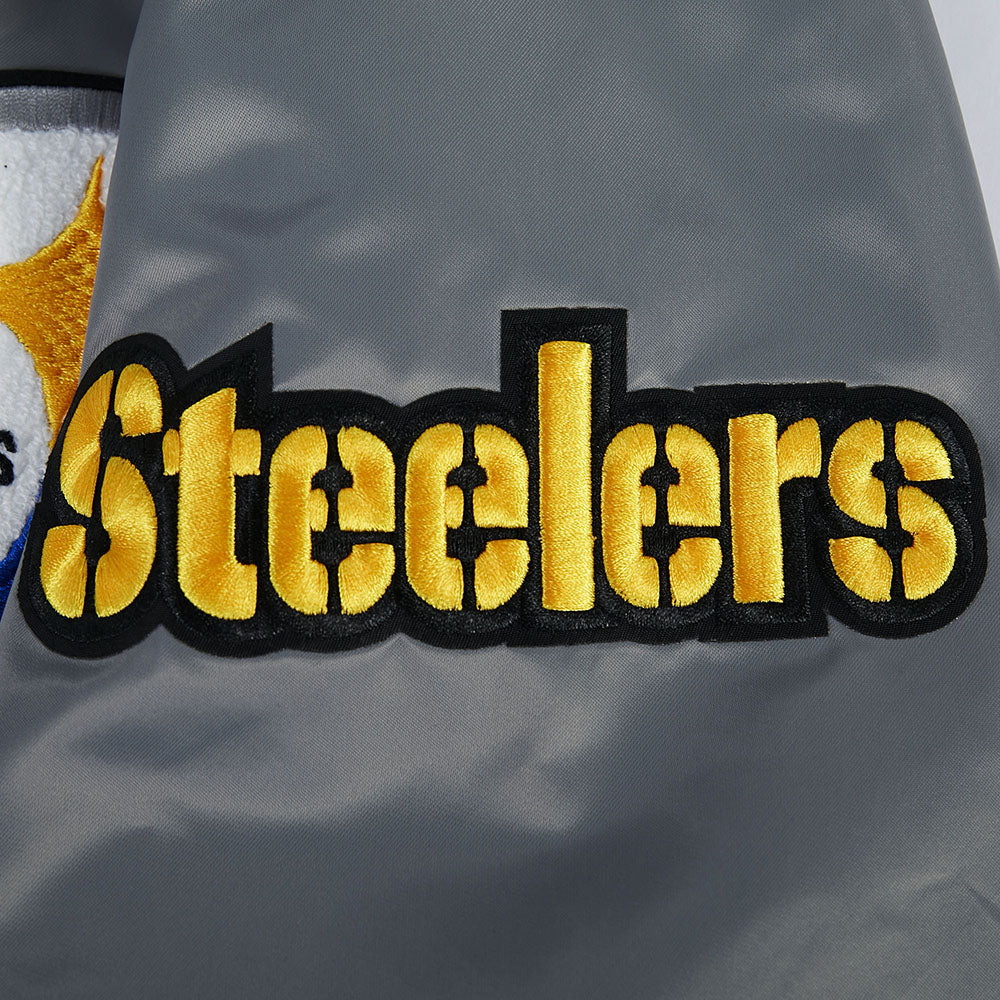NFL PITTSBURGH STEELERS OLD ENGLISH MEN'S RIB SATIN JACKET (GRAY) - Image 7