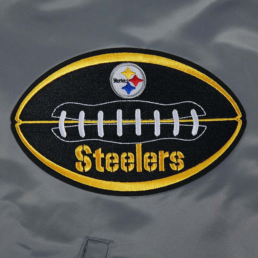 NFL PITTSBURGH STEELERS OLD ENGLISH MEN'S RIB SATIN JACKET (GRAY) - Image 8