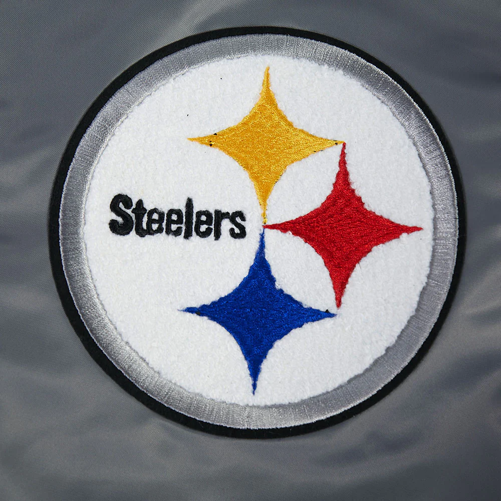 NFL PITTSBURGH STEELERS OLD ENGLISH MEN'S RIB SATIN JACKET (GRAY) - Image 9