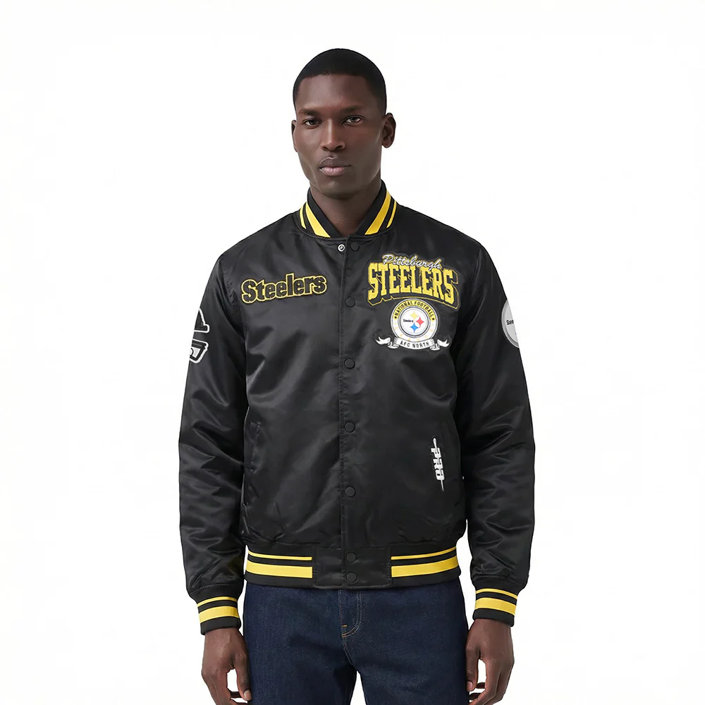 NFL PITTSBURGH STEELERS TEAM BADGE MEN'S RIB SATIN JACKET (BLACK/YELLOW)