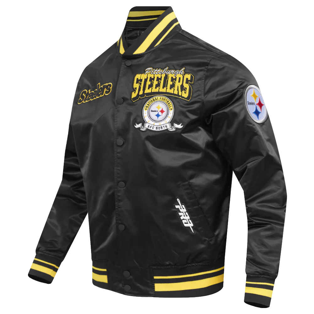 NFL PITTSBURGH STEELERS TEAM BADGE MEN'S RIB SATIN JACKET (BLACK/YELLOW) - Image 4
