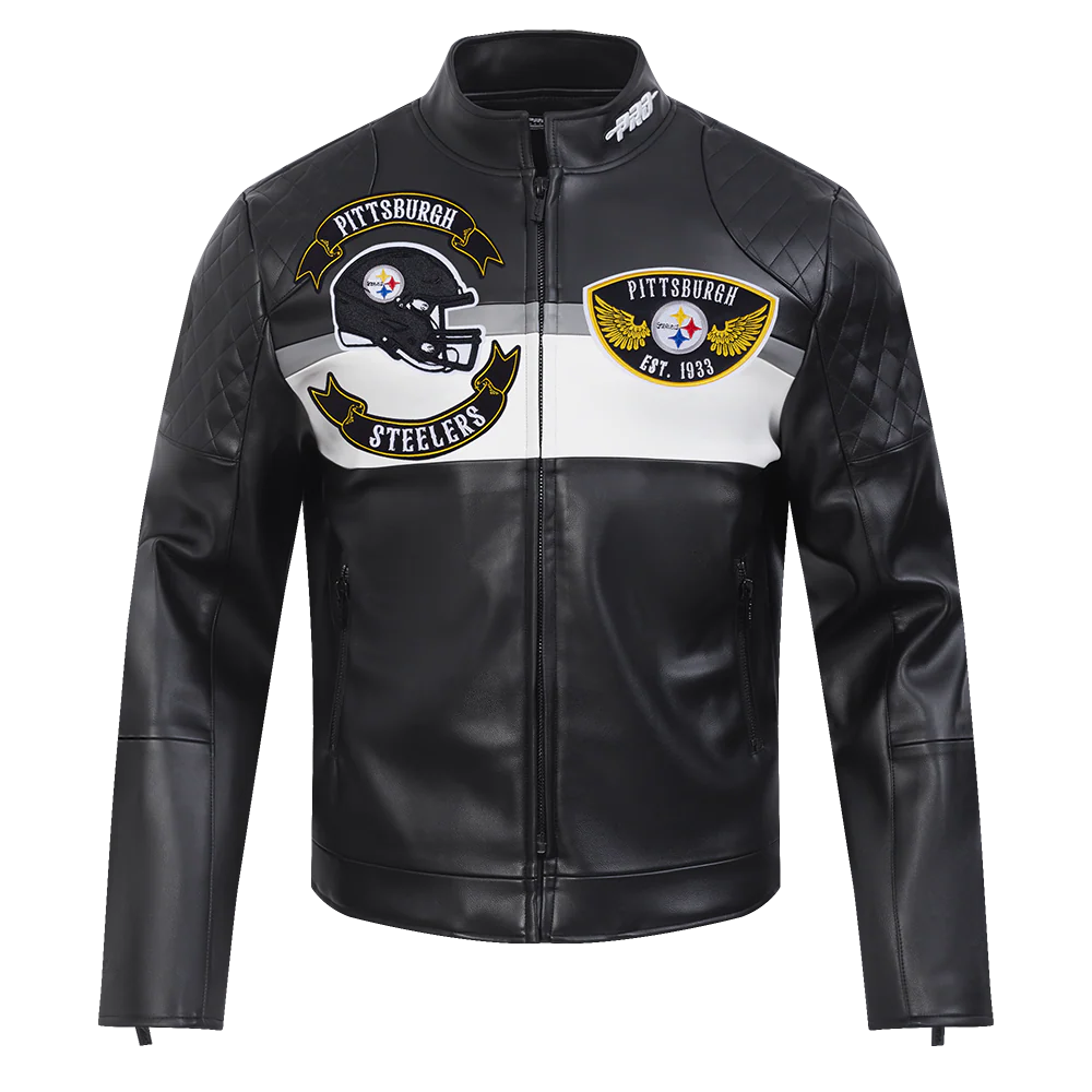 NFL PITTSBURGH STEELERS BORN FOR SPORT MEN'S MOTO JACKET (BLACK/WHITE) - Image 3
