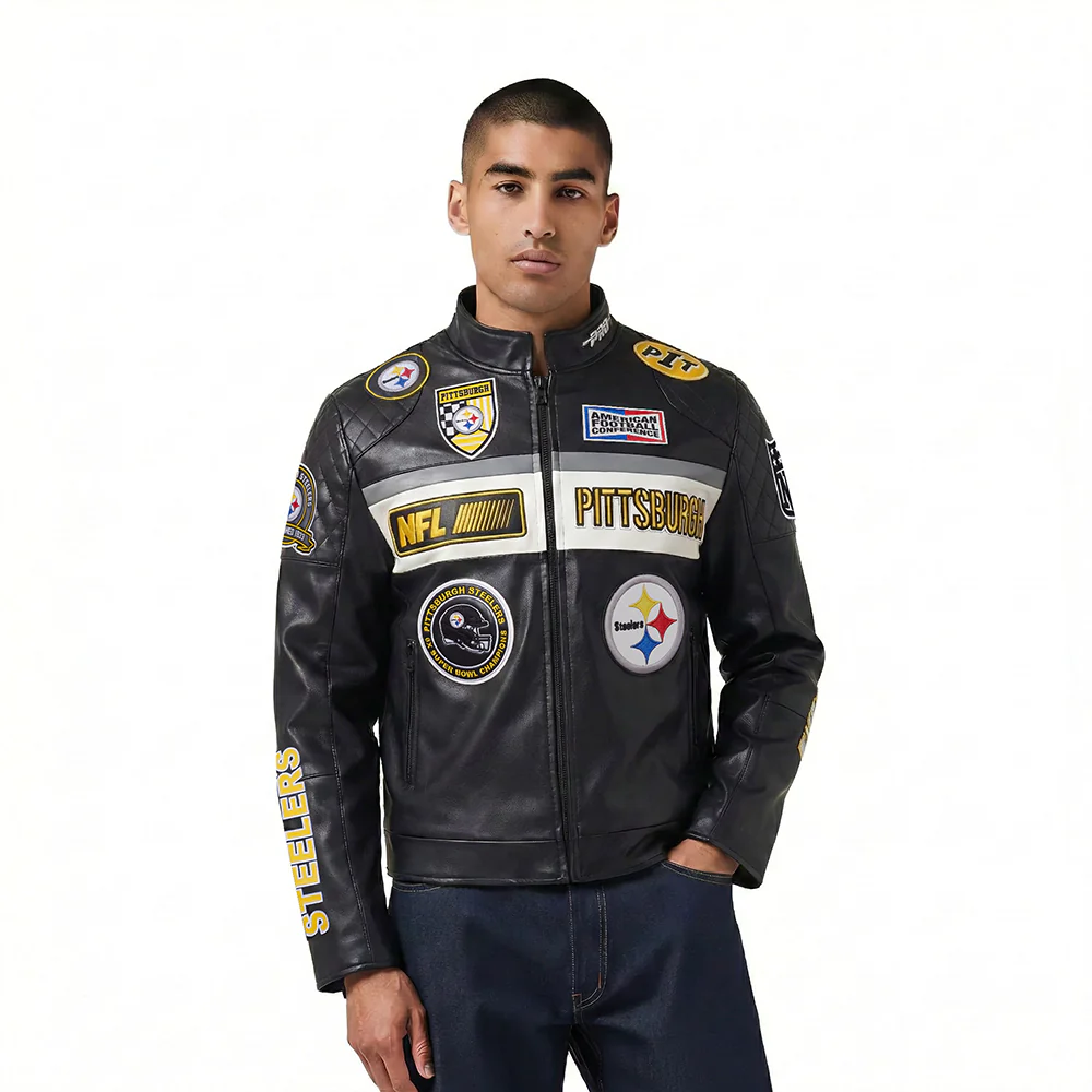 NFL PITTSBURGH STEELERS MEN'S MOTO JACKET (BLACK/WHITE)