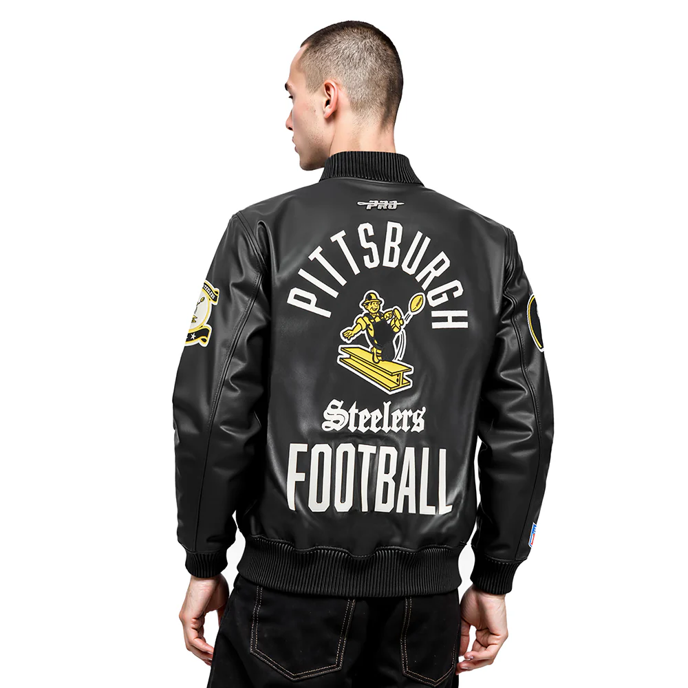 NFL PITTSBURGH STEELERS MODERN ORIGINALS MEN'S LEATHER VARSITY JACKET (JET BLACK) - Image 2