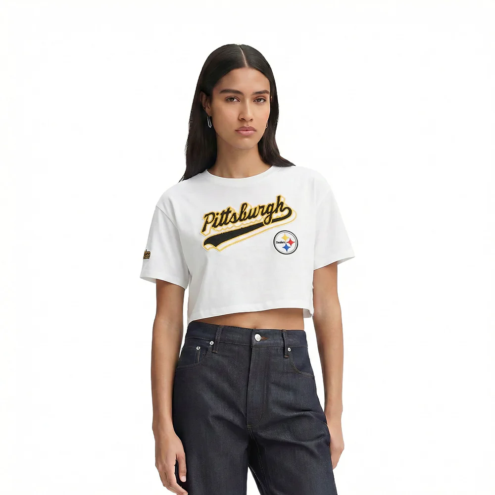 NFL PITTSBURGH STEELERS SCRIPT TAIL WOMEN'S SJ BOXY TEE (WHITE)